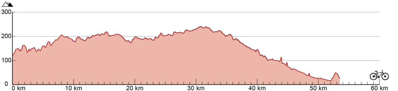 Graphique linéaire représentant l'évolution du dénivelé durant les 54 kilomètres du parcours. Le trajet évolue entre 10 mètres et 220 mètres d'altitude avec un dénivelé positif et négatif.