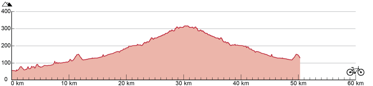 Liniendiagramm, das die Entwicklung des Höhenunterschieds, während der 50 Kilometer langen Strecke darstellt. Die Strecke bewegt sich zwischen 50 Metern und 310 Metern Höhe mit positiven und negativen Höhenunterschieden.