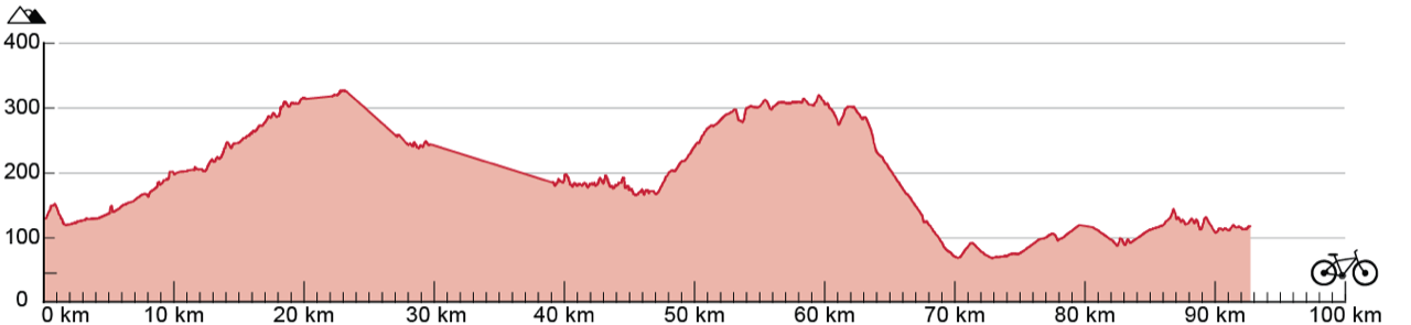 Liniendiagramm, das die Entwicklung des Höhenunterschieds, während der 93 Kilometer langen Strecke darstellt. Die Strecke bewegt sich zwischen 80 Metern und 310 Metern Höhe mit positiven und negativen Höhenunterschieden.